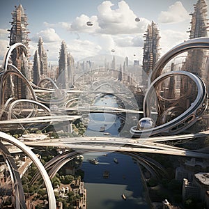 Futuristic Cityscape with Interwoven Bridges