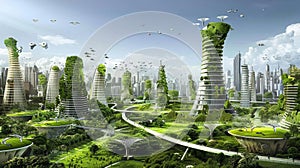 Futuristic Cityscape with Lush Green Skyscrapers and Flying Cars