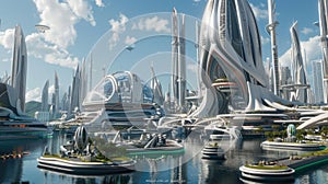 Futuristic cityscape with modern architecture and waterways
