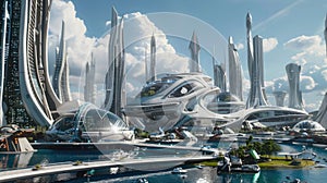 Futuristic cityscape with modern architecture and waterways