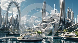 Futuristic cityscape with modern architecture and waterways