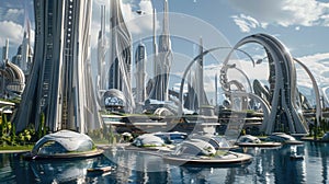 Futuristic cityscape with modern architecture and waterways