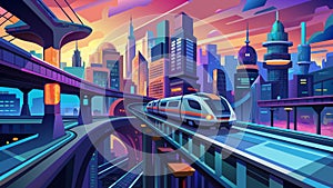 Futuristic Cityscape with Monorail at Dusk: Vivid Urban Skyline photo