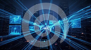 Futuristic cityscape with neon lights and data streams creating a dynamic sci-fi scene