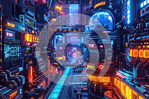 Futuristic Cityscape with Neon Lights and Digital Displays