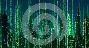 Futuristic Digital Cityscape with Falling Binary Code and Glowing Lights