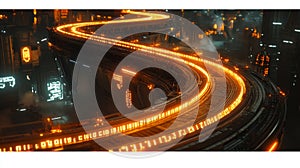 Futuristic Cityscape at Night, Glowing Binary Code, Data Flow, Technology and Innovation.