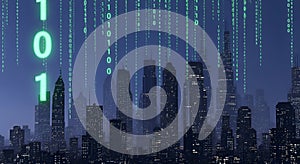 Digital Cityscape at Night with Falling Binary Code