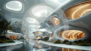 Futuristic cityscape with organic architecture and waterways