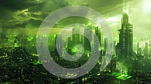 A futuristic cityscape powered solely by the glowing green flames of biofuel illustrating the immense potential and