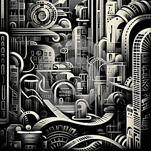 Futuristic Cityscape: Psychedelic Art Nouveau Meets Mechanized Abstraction