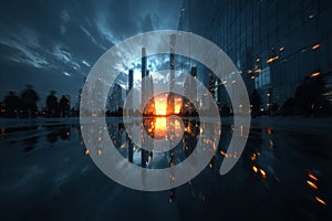 Futuristic cityscape with reflections at sunset created as an AI-generated image