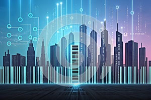 Smart City: Barcode Skyline and Digital Network photo