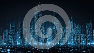 Digital Cityscape with Binary Code and Glowing Lights