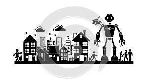 Futuristic Cityscape with Robots, AI Urban Development, vector design Generative AI