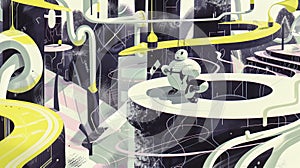 Futuristic Cityscape with Robots and Curved Pathways