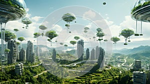 Futuristic cityscape with self sustaining farms floating in the air photo