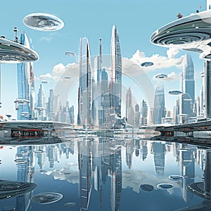 Futuristic Cityscape: A Silver and Glass Metropolis in an Alternate Reality photo