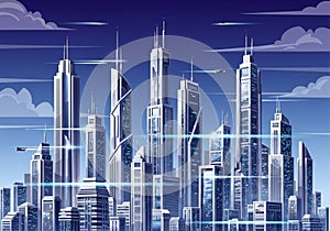 Futuristic cityscape with tall, sleek skyscrapers featuring sharp, angular designs. The