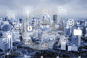 Futuristic cityscape with technology icons representing data security, artificial intelligence, cloud computing, and