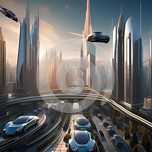 A futuristic cityscape with towering skyscrapers and flying cars zipping through the air1