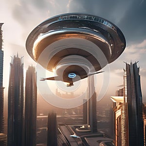 A futuristic cityscape with towering skyscrapers and flying vehicles against a backdrop of a setting sun2