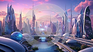 Futuristic Cityscape: Towering Skyscrapers, Levitating Pods, and Vibrant Lights