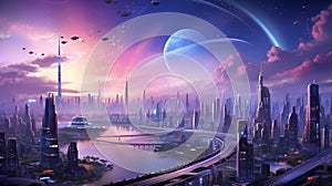 Futuristic Cityscape: Towering Skyscrapers, Levitating Pods, and Vibrant Lights