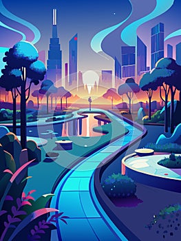 Futuristic Cityscape at Twilight with Luminous Neon Colors photo