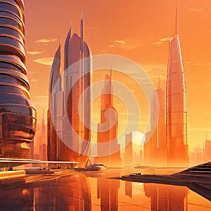 A futuristic cityscape where buildings are made of mango-colored glass, reflecting the warm hues of the setting sun.