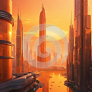 A futuristic cityscape where buildings are made of mango-colored glass, reflecting the warm hues of the setting sun.