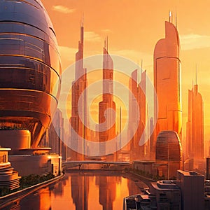A futuristic cityscape where buildings are made of mango-colored glass, reflecting the warm hues of the setting sun.