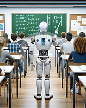 Futuristic Classroom AI Robot Professor Teaching High School Students Cyborg Education Class Desks Artificial Intelligence