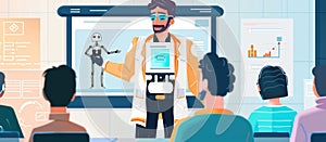 A futuristic classroom features an AI robot instructor interacting with engaged students AIG62