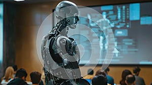 A futuristic classroom features an AI robot instructor interacting with engaged students AIG62