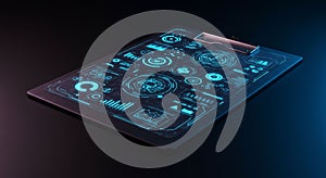 Futuristic clipboard displaying a holographic interface with various digital elements
