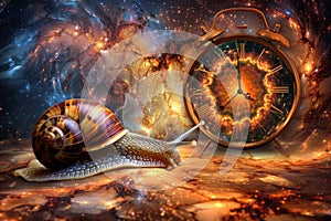 Futuristic clock with fractal dial and digi-nebula background, snail crawls on surface photo