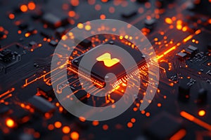 Futuristic close-up of a computer chip glowing with orange lights. The intricate design symbolizes technology and