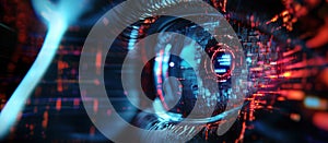 Futuristic close-up of a human eye with digital interface and data visualization elements