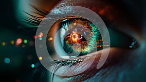 Futuristic close-up of a human eye with digital technology interface