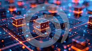 Quantum Computing Network with Glowing Cubes and Interconnected Circuits