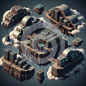 Futuristic Cloud-Based Data Center Infrastructure Floating in the Sky