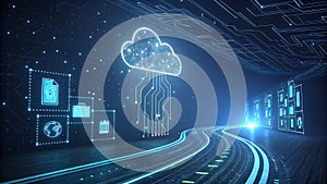 Futuristic Cloud Computing: Abstract Digital Network Connection and Data Transfer Concept for Innovative Technology Solutions