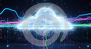 Futuristic cloud computing concept with digital data streams and abstract light waves