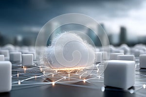 Futuristic Cloud Computing Concept with Digital Network on Abstract Cityscape Generative AI