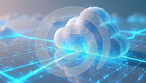 Futuristic cloud computing concept with glowing blue lines on a white grid. Abstract digital network flow, data storage, and