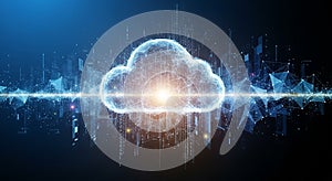 Futuristic cloud computing concept with glowing network connections in a digital cityscape background
