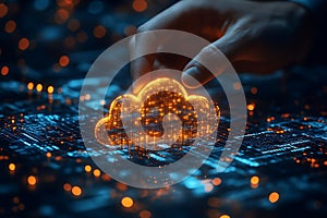 Futuristic Cloud Computing Concept Hand Interacting with Digital Cloud Network