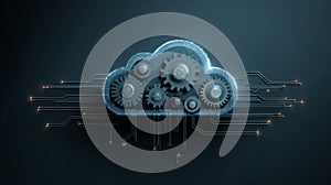 Futuristic Cloud Computing Concept with Interconnected Gears and Glowing Circuit Lines on Dark Background Representing
