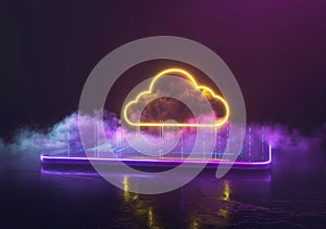 Futuristic Cloud Computing Concept with Neon Lights and Digital Elements on Dark Background